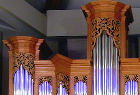 Decorative carving in pipe shades for the organ, DeBartolo Center, University of Notre Dame, IN